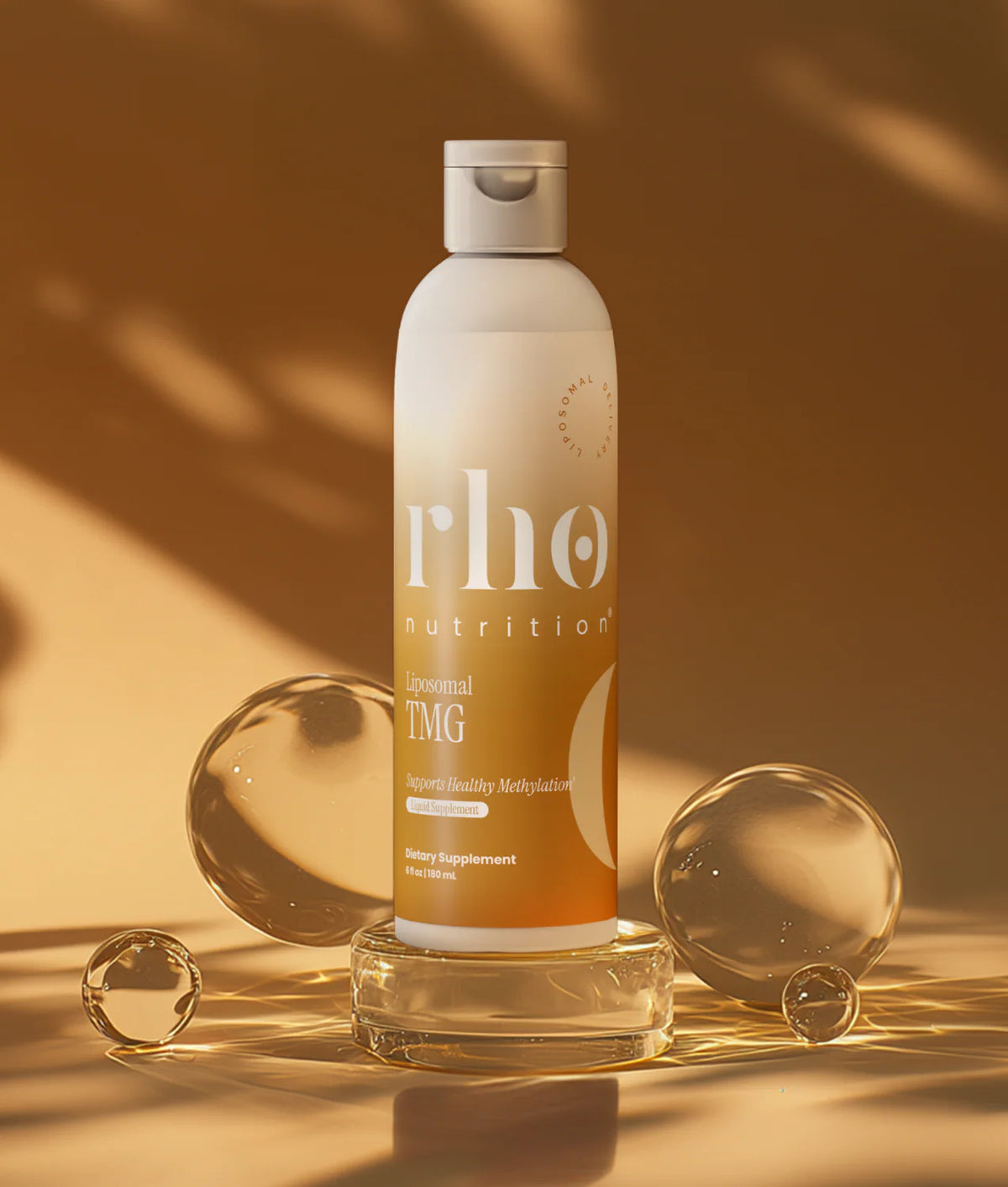 Rho Nutrition Liposomal TMG bottle with softgels on a wellness-inspired background