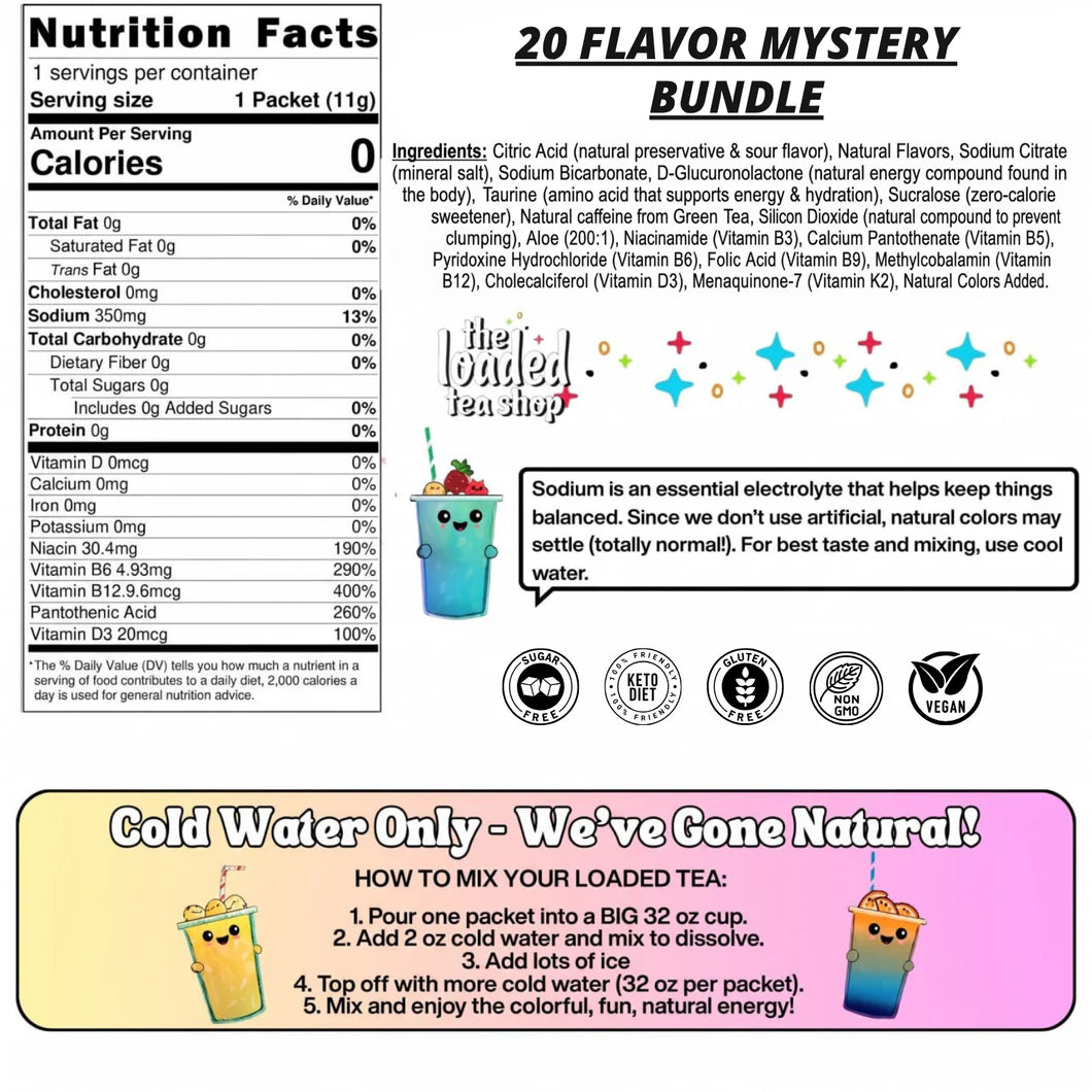 A product information graphic for a 20 Flavor Mystery Bundle by The Tea Shop