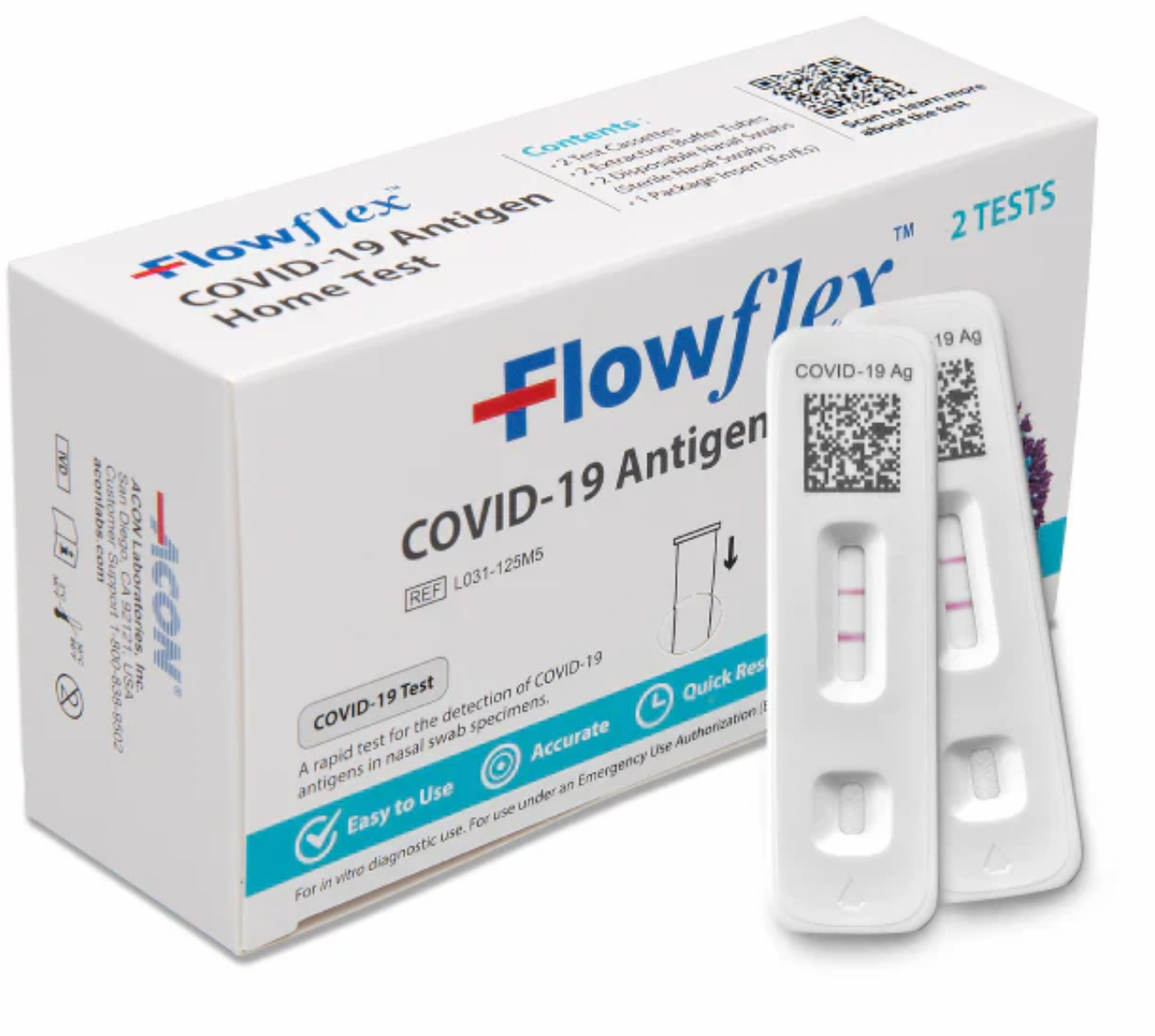Flowflex COVID-19 antigen home test kit with test devices and packaging
