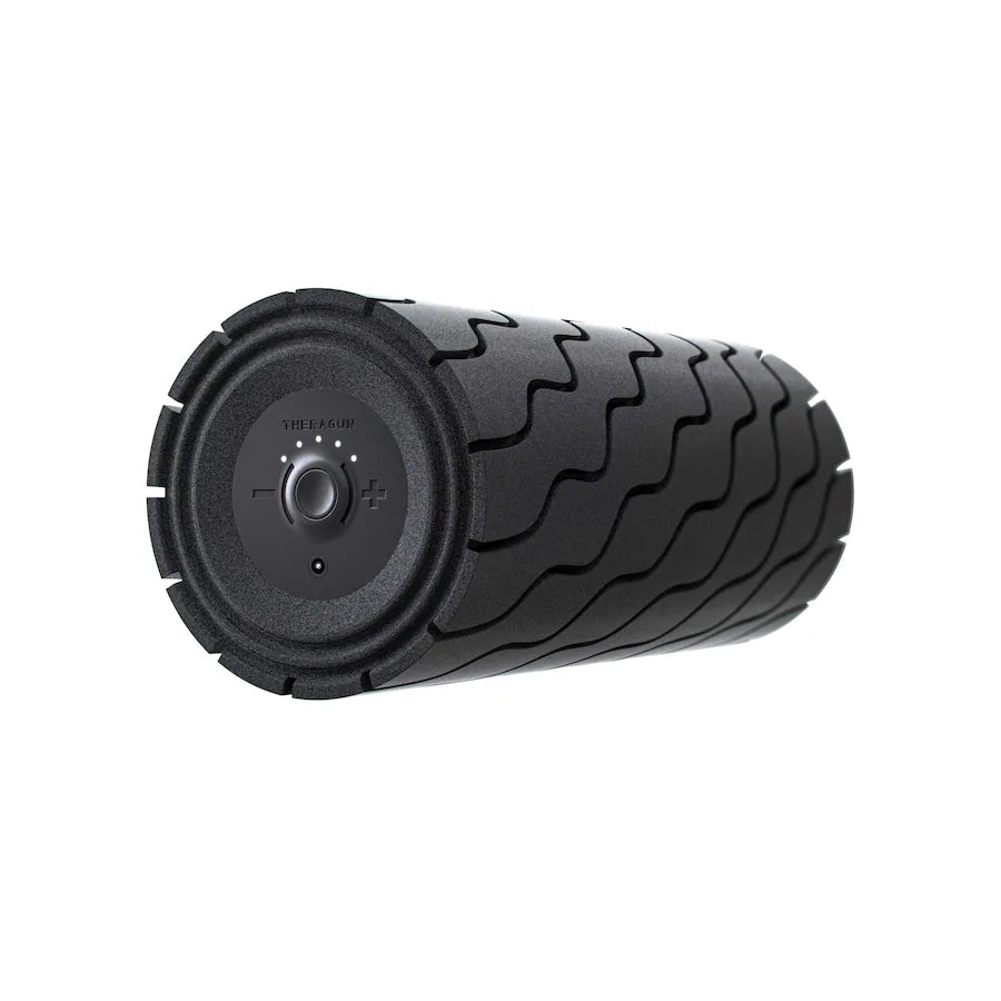 Angled view of black exercise Therabody foam roller for stretching and recovery