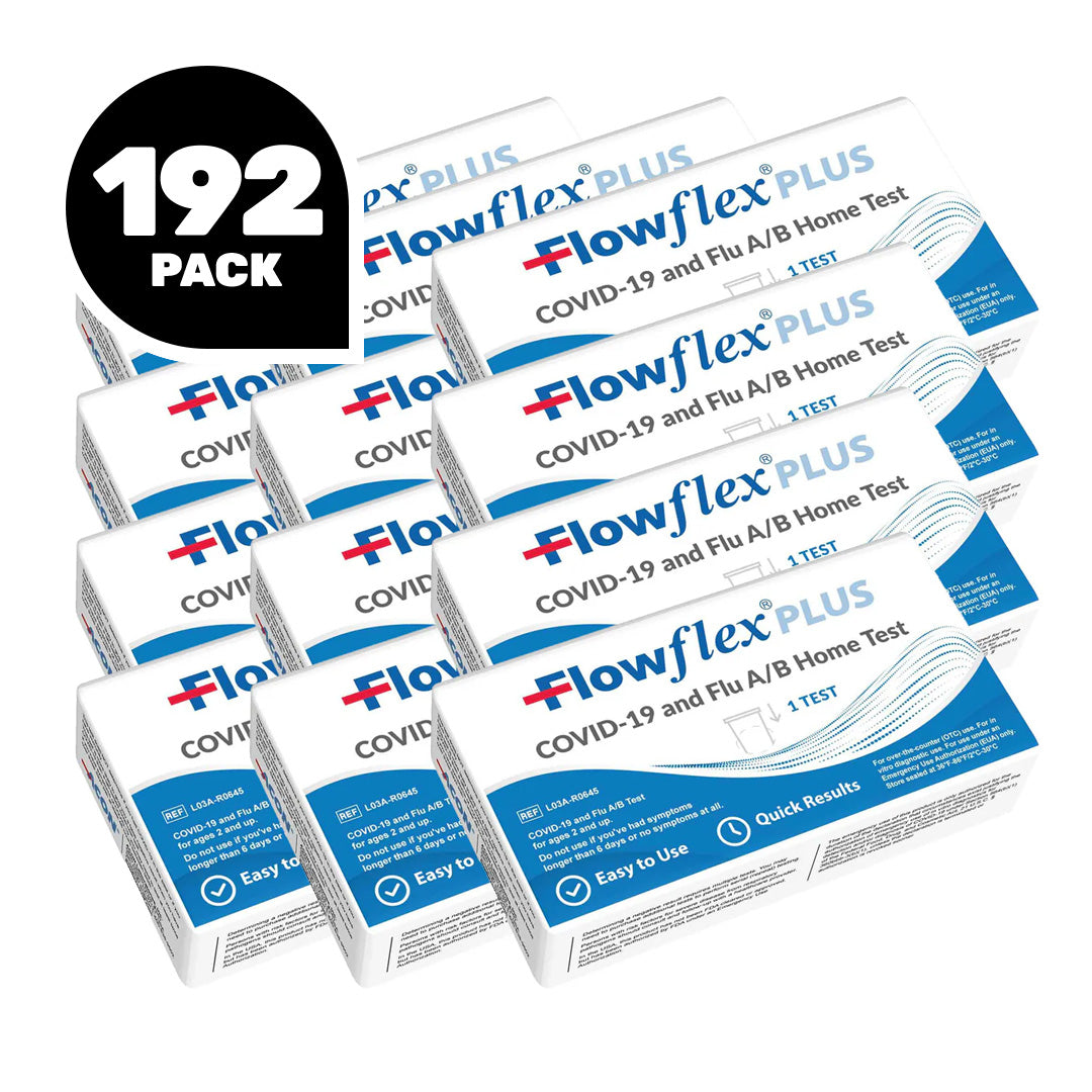 Flowflex Plus COVID-19 and Flu A/B home test kits 192 pack bundle