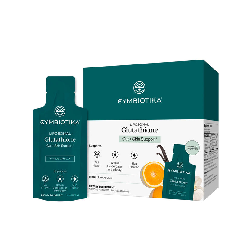 Cymbiotika Liposomal Glutathione supplement box and sachet with citrus vanilla flavor