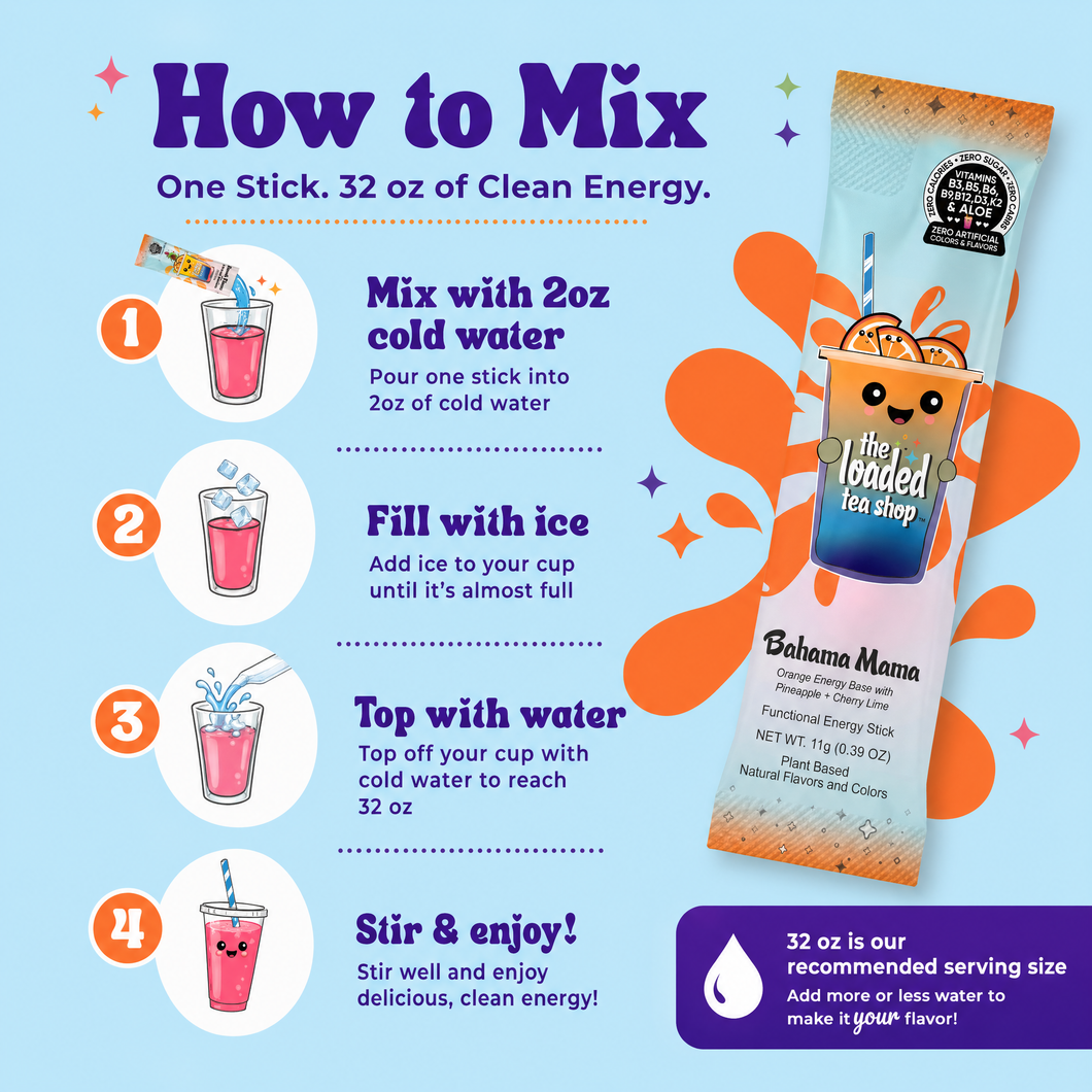 How to mix The Loaded Tea Shop functional energy tea packs with water and ice