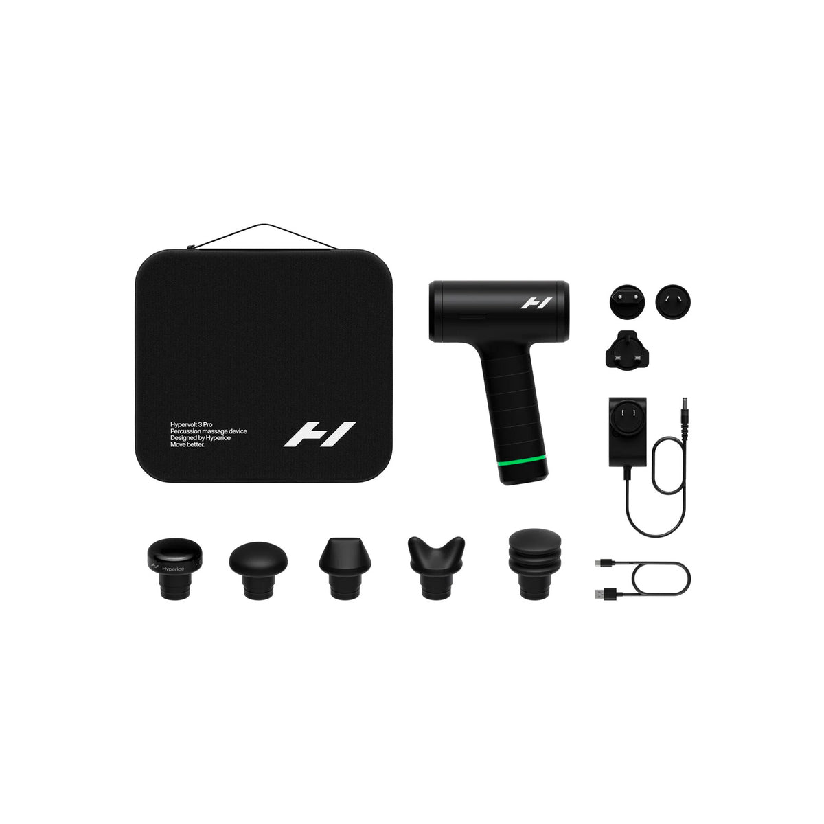 Hypervolt 3 Pro massage gun with attachments and chargers