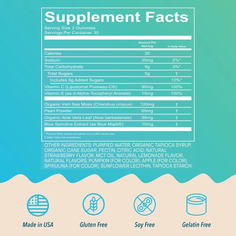Akasha Superfoods GLOW Sea Moss & Pearl Powder Gummies supplement facts
