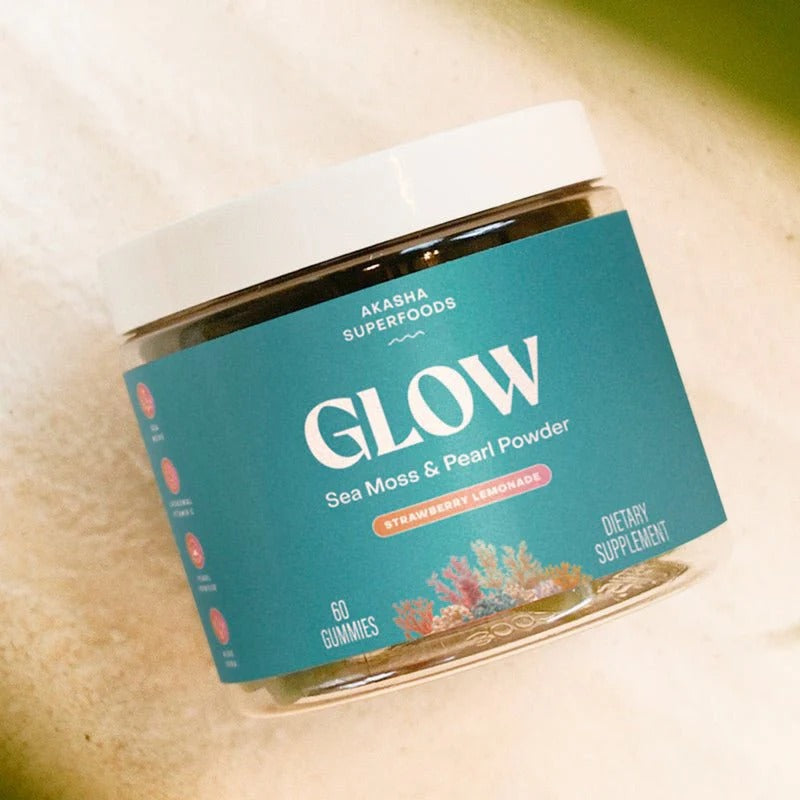Akasha Superfoods GLOW Sea Moss & Pearl Powder Gummies jar on a wellness-inspired background