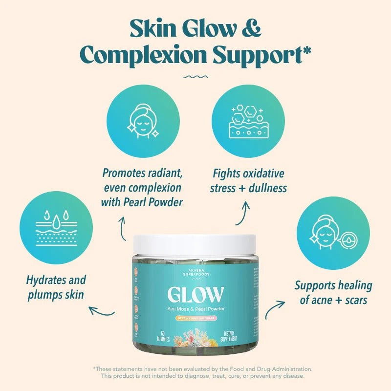 Akasha Superfoods GLOW Gummies support skin glow, hydration, collagen production, and complexion