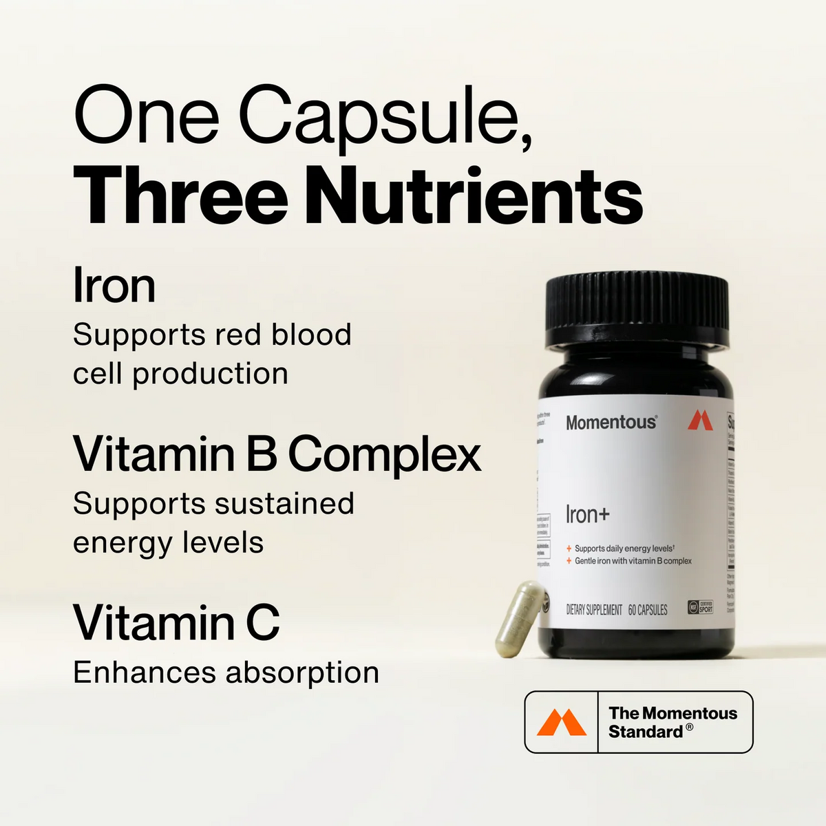 Momentous Iron+ with Vitamin C & B Complex, Ferrochel Iron | 60 Capsules