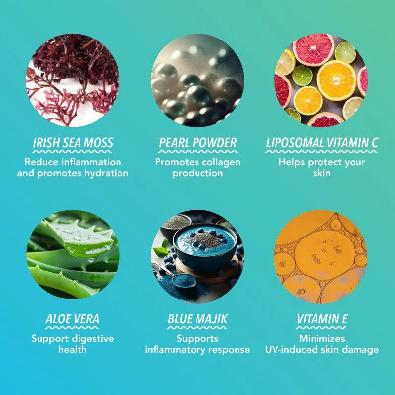Key ingredients in Akasha Superfoods GLOW Gummies including Irish Sea Moss, Pearl Powder, Vitamin C, Aloe Vera, Blue Majik and Vitamin E