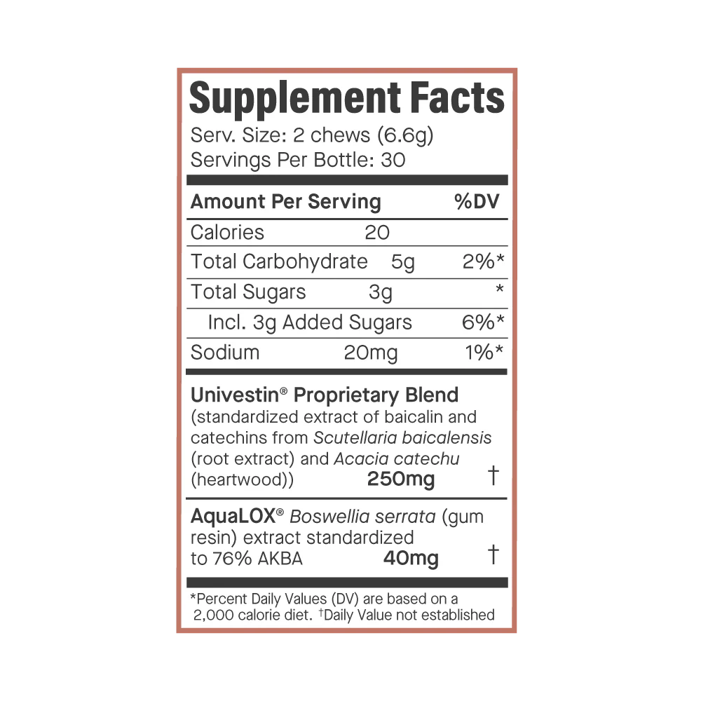 Supplement facts label for Ananda Professional Mobility Chews dietary supplement