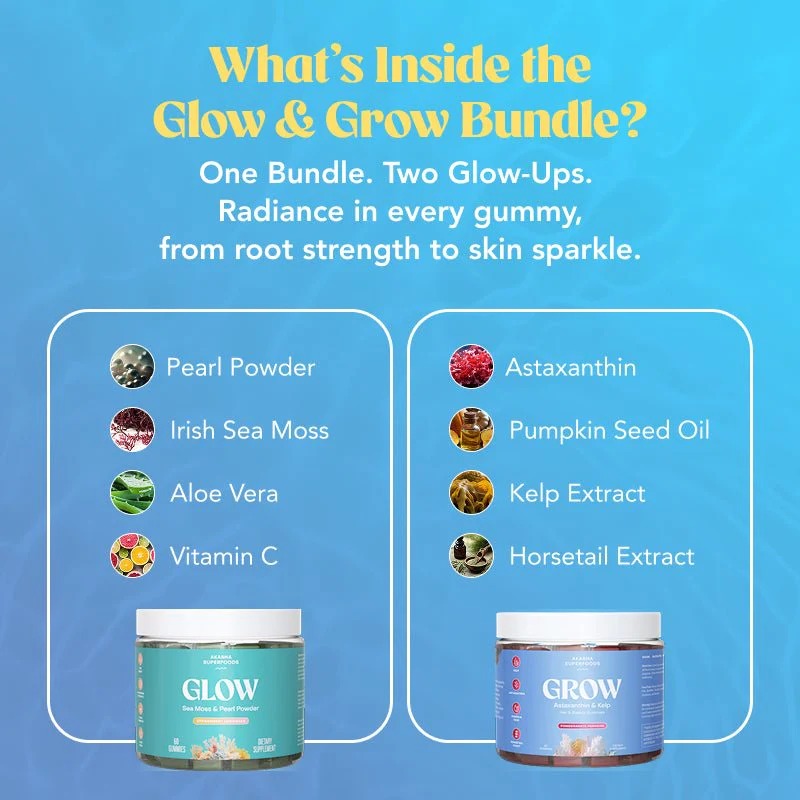 Key ingredients in Akasha Superfoods GLOW & GROW Bundle including Irish Sea Moss, Astaxanthin, Pumpkin Seed Oil, Aloe Vera, Sea Kelp, and Horsetail Extract