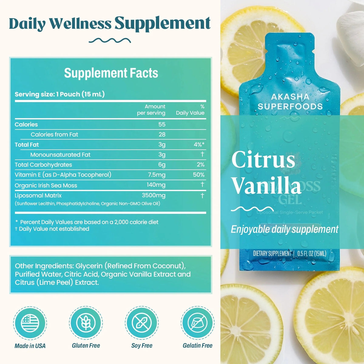 Akasha Superfoods Liposomal Sea Moss Gel supplement facts and nutrition label