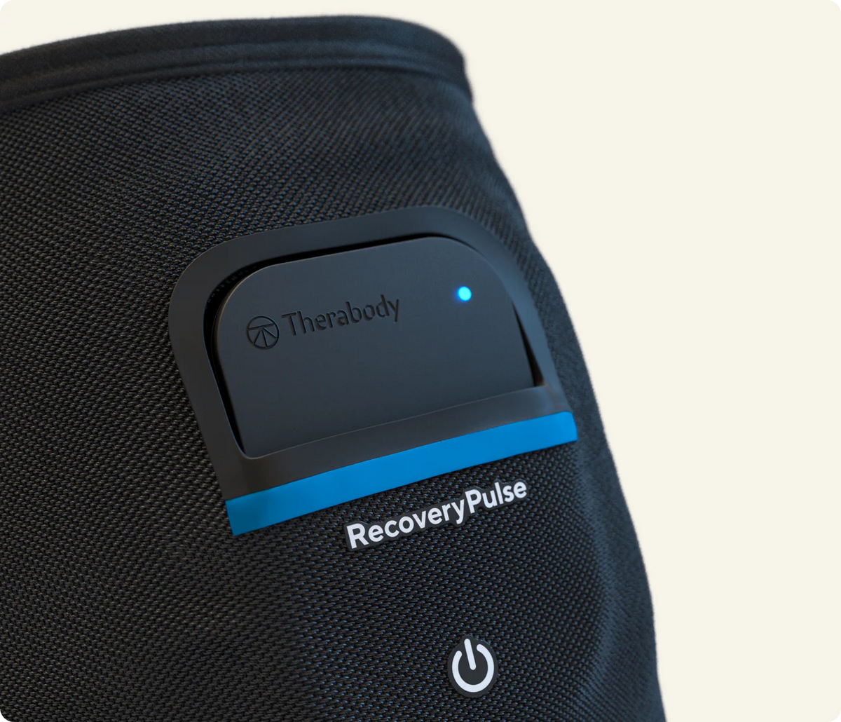 Close-up of Therabody RecoveryPulse Calf compression device control panel