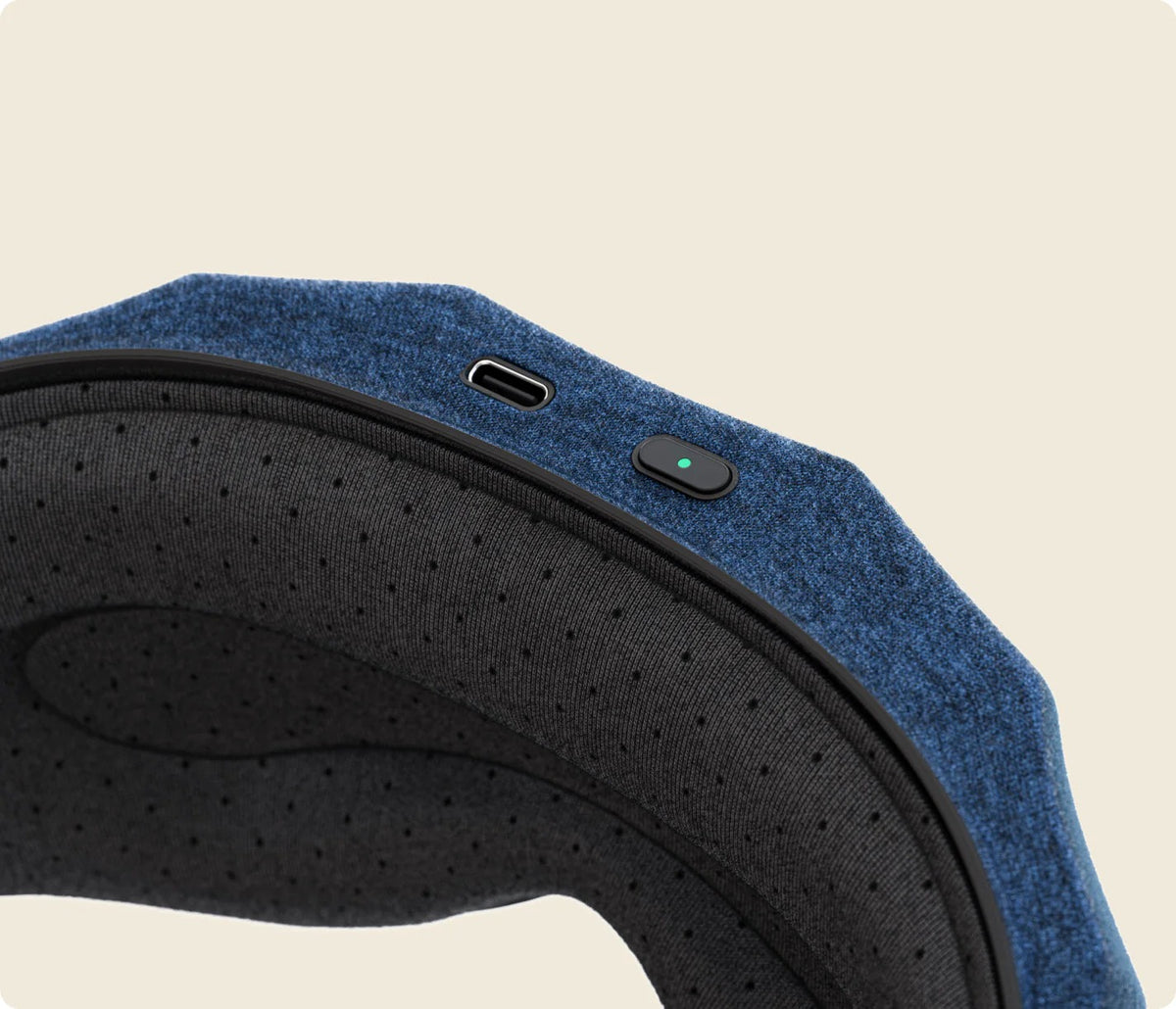 Close-up of Therabody SleepMask interior padding and control buttons