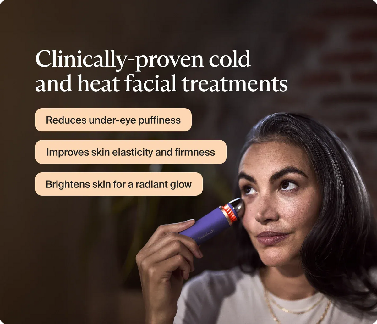 Woman using a TheraFace Depuffing Wand by Therabody (Indigo) with text about clinical benefits on a dark background