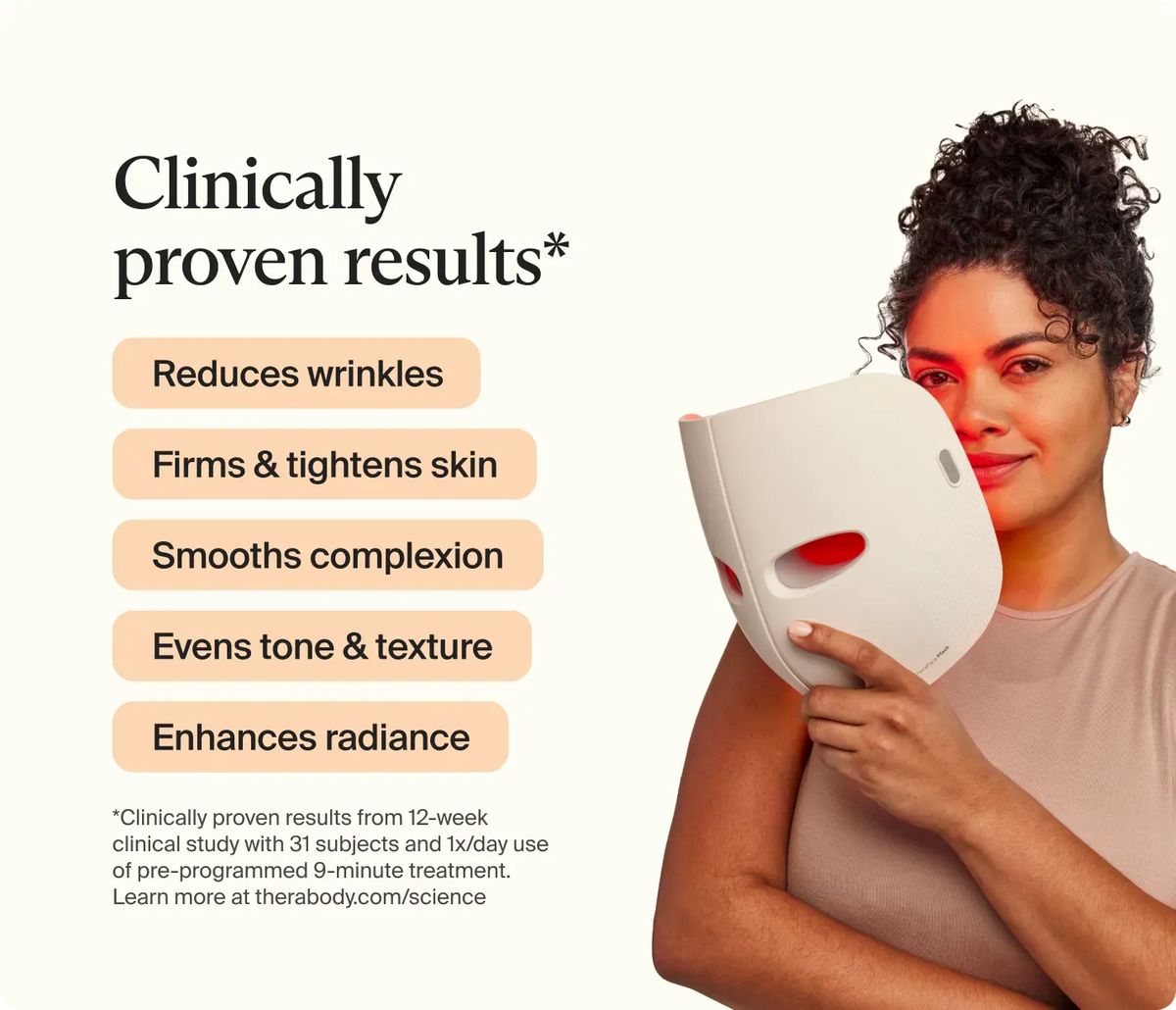 Women holding Therabody TheraFace Mask with clinical skin improvement results