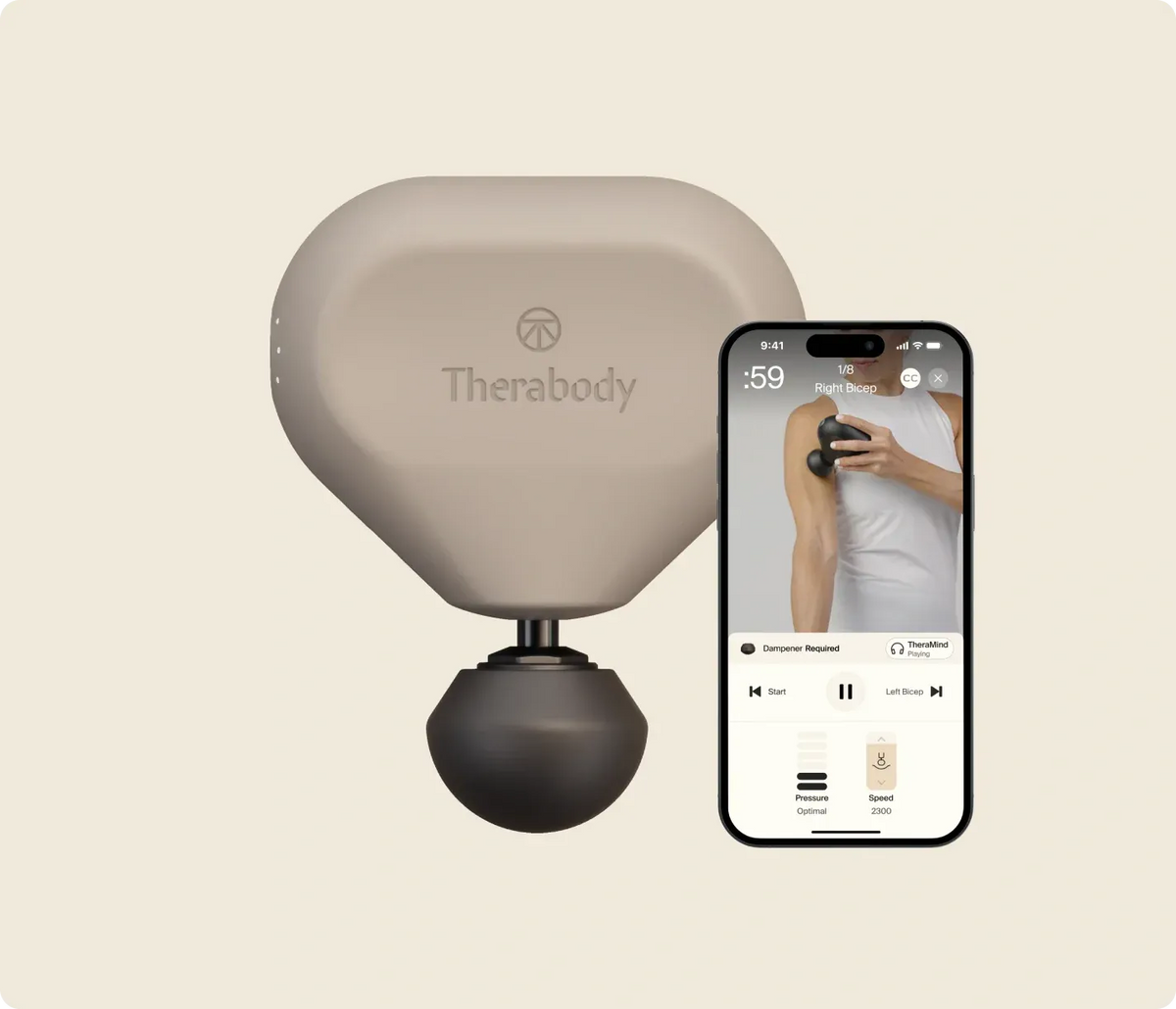 Theragun Mini (3rd Gen) by Therabody with smartphone displaying app interface
