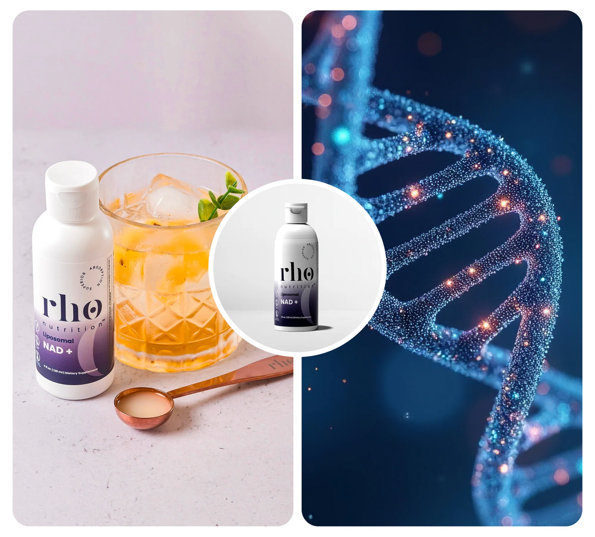 Rho Nutrition Liposomal NAD+ drink beside cellular health DNA graphic