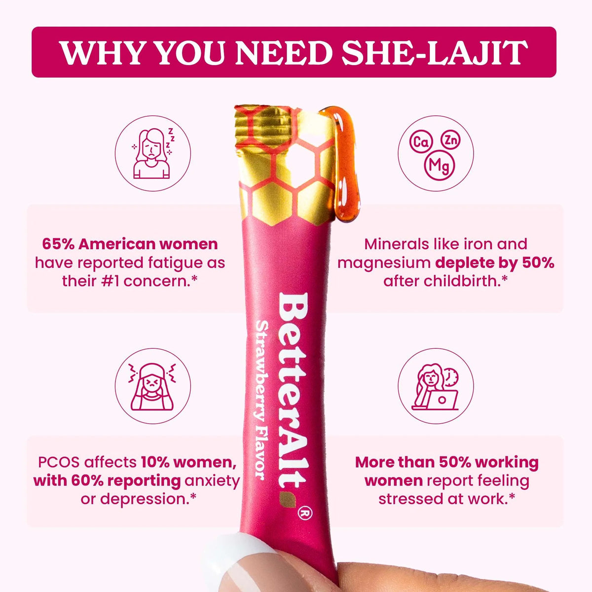 BetterAlt shilajit honey stick supplement strawberry flavor close up