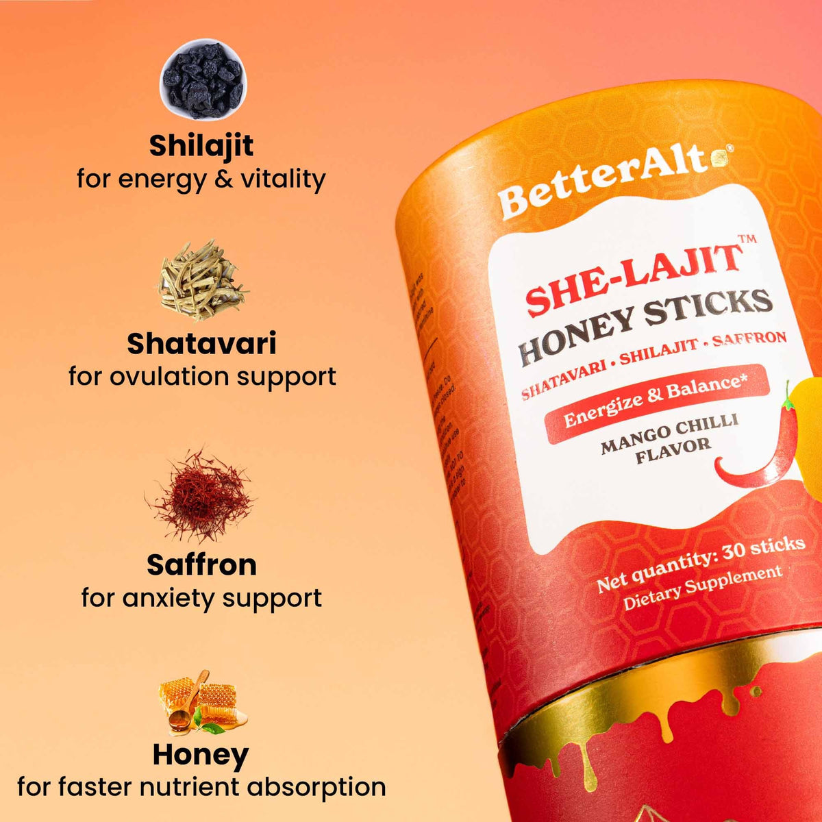 BetterAlt Women's SHE-Lajit Honey Sticks for Hormonal Balance & Energy (Mango Chilli)