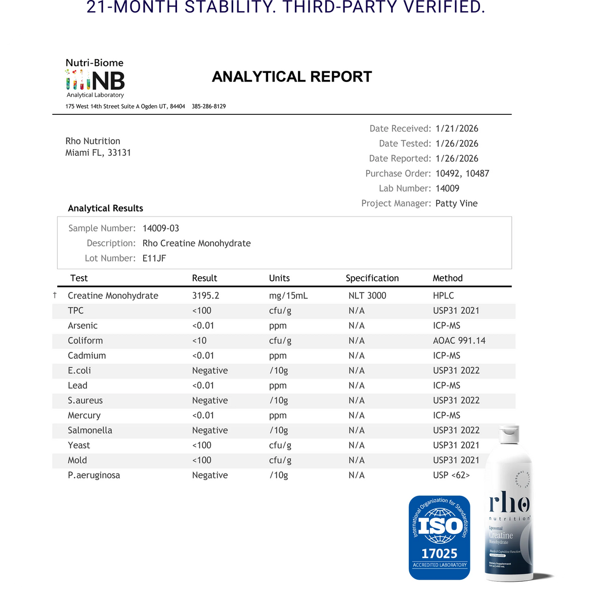 Certificate of Analysis for Rho Nutrition Liposomal Creatine Monohydrate quality testing