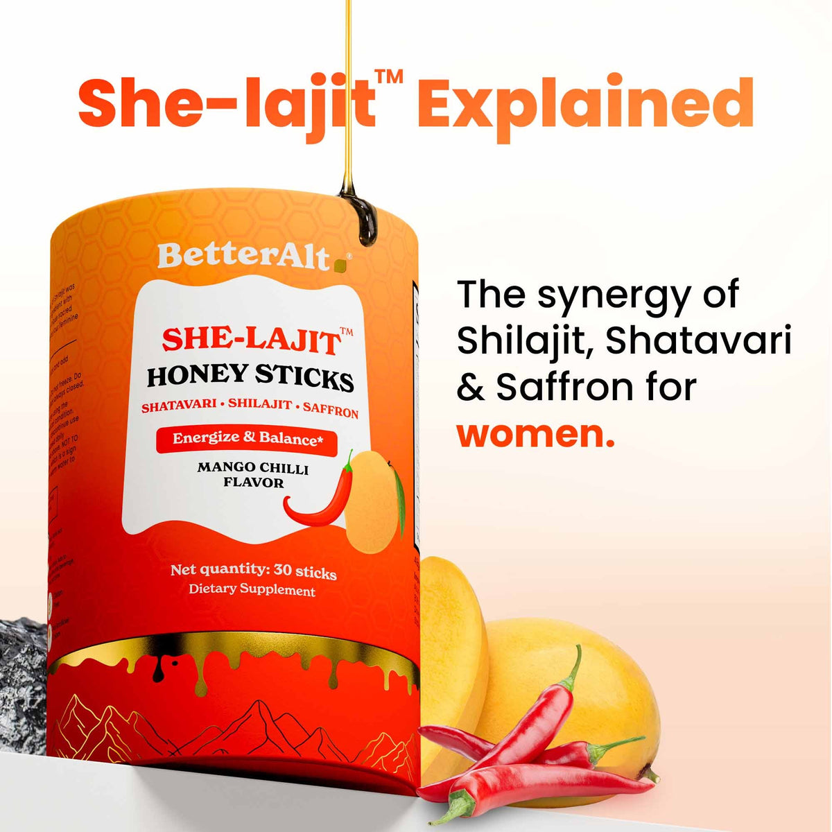 BetterAlt Women's SHE-Lajit Honey Sticks for Hormonal Balance & Energy (Mango Chilli)