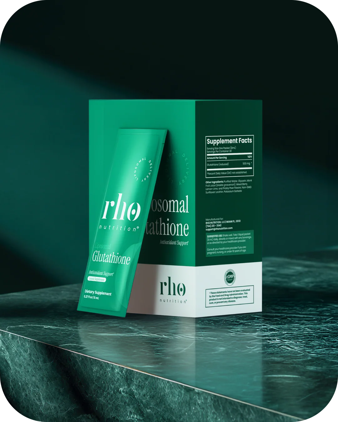 rho nutrition supplement packaging on a dark green marble surface
