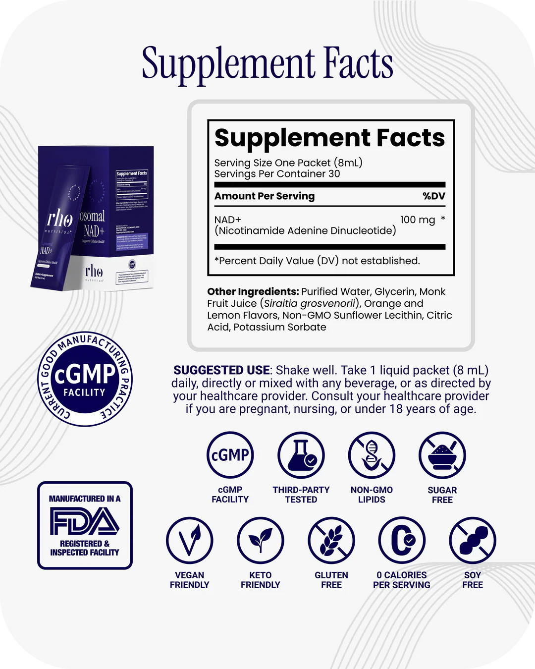 Rho Nutrition Liposomal NAD+ travel packs supplement facts
