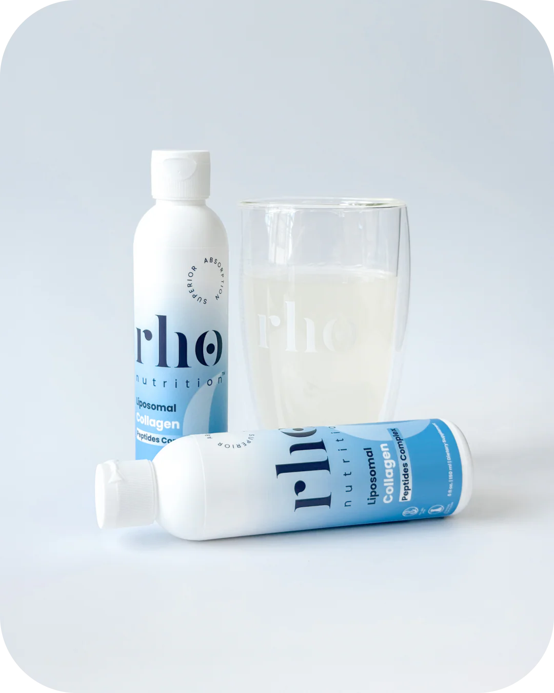 Rho Nutrition Liposomal Collagen Peptides bottle with drinking glass