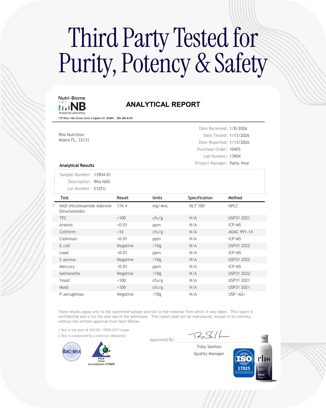 Third-party tested certificate for Rho Nutrition Liposomal NAD+ purity and safety