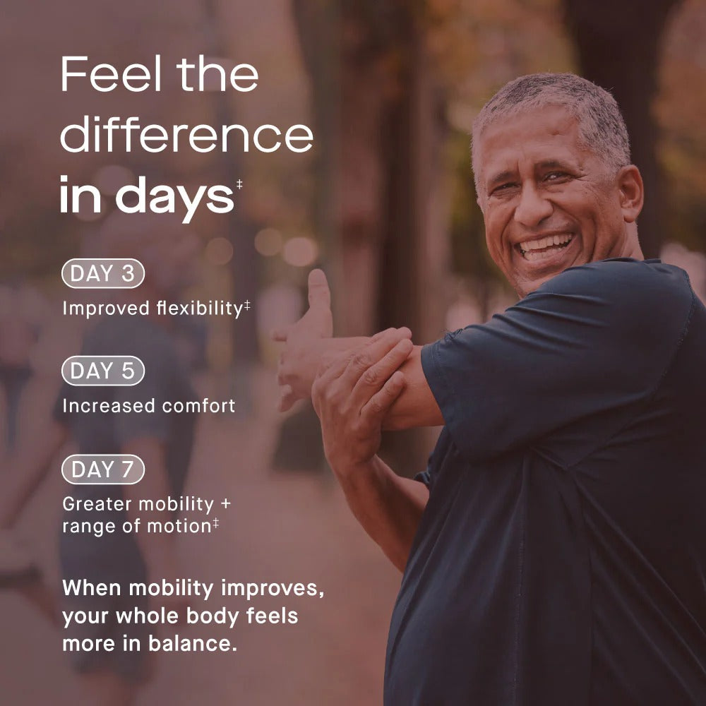 Active adult enjoying improved mobility and joint comfort with Mobility Chews