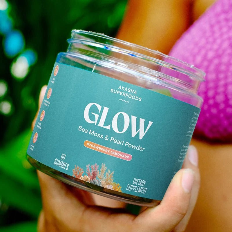 Akasha Superfoods GLOW Sea Moss & Pearl Powder Gummies for radiant, healthy-looking skin