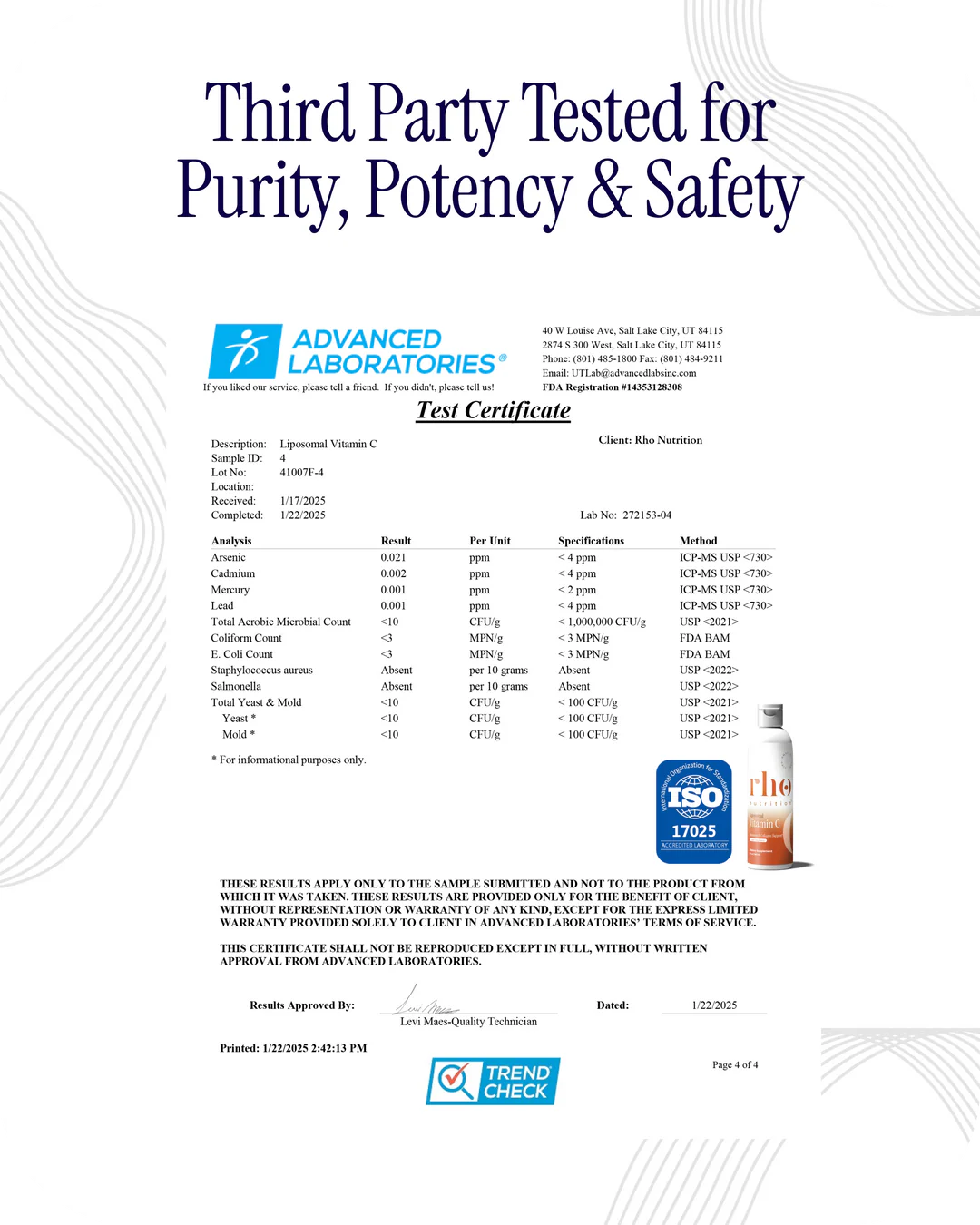 Third-party tested certificate for Rho Nutrition Liposomal Vitamin C purity and safety