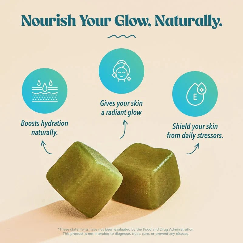 Akasha Superfoods GLOW Gummies support hydrated skin, natural radiance, and a healthy complexion