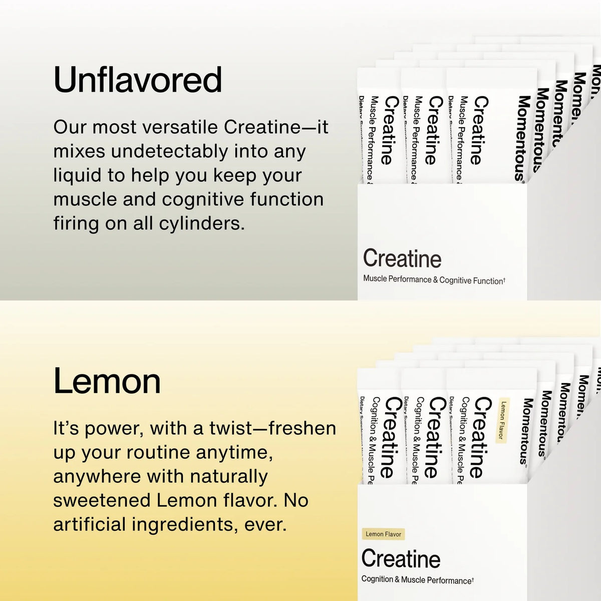 Momentous Creatine Monohydrate unflavored and lemon flavor options