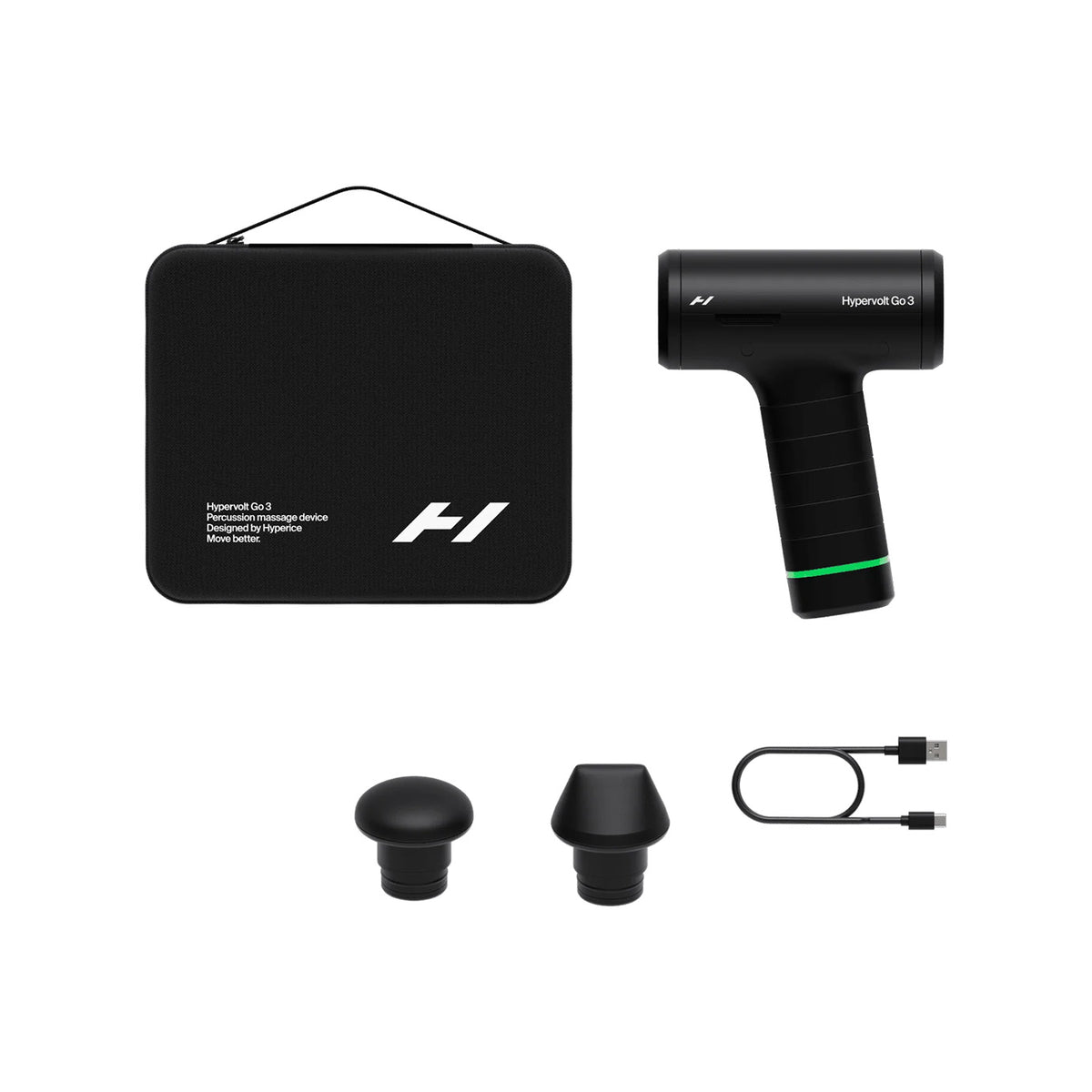 Hypervolt Go 3 massage gun with flat and wedge attachments and USB-C cable