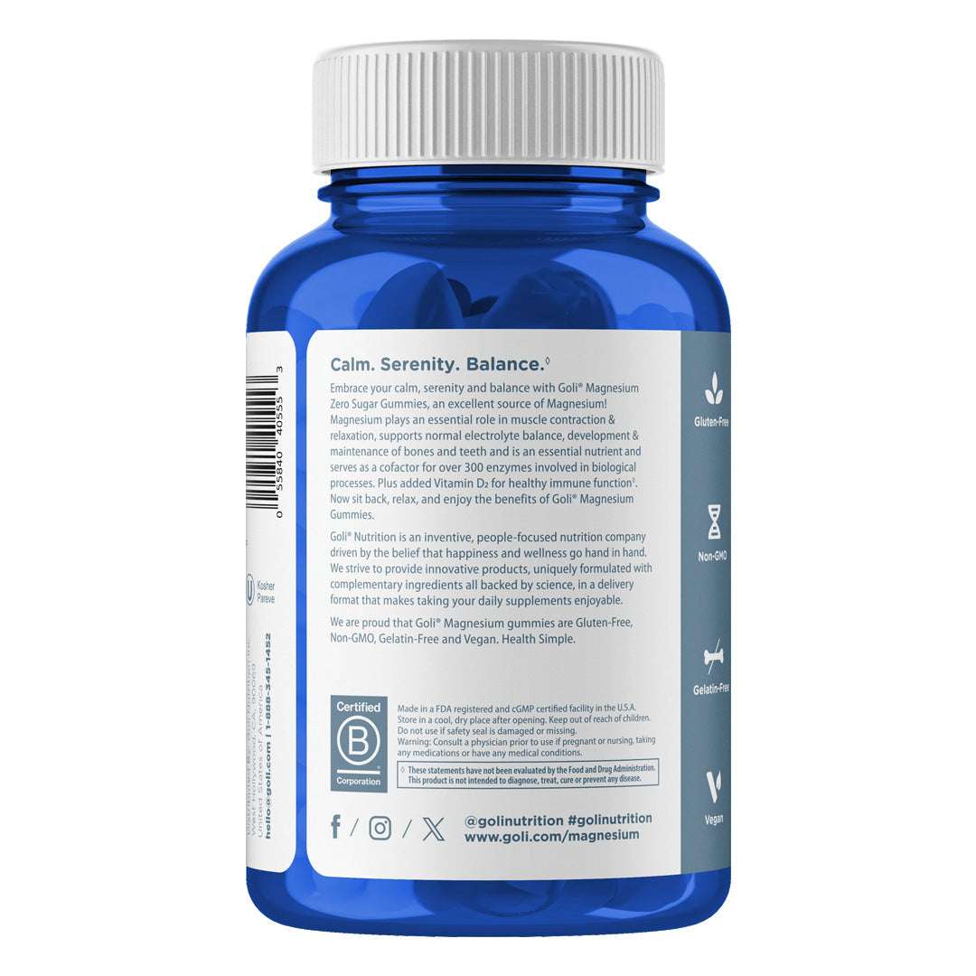 Back packaging label of Goli Zero Sugar Magnesium Gummies bottle