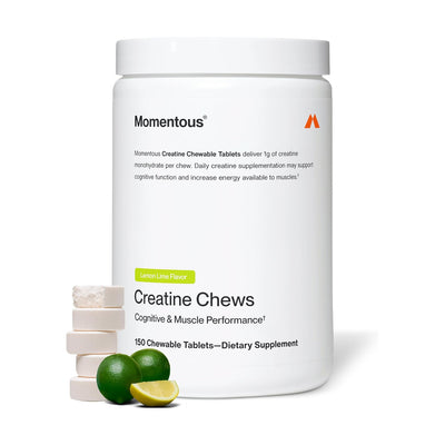 Momentous Creatine Chews chewable creatine monohydrate tablets dietary supplement container with lemon-lime flavor chews