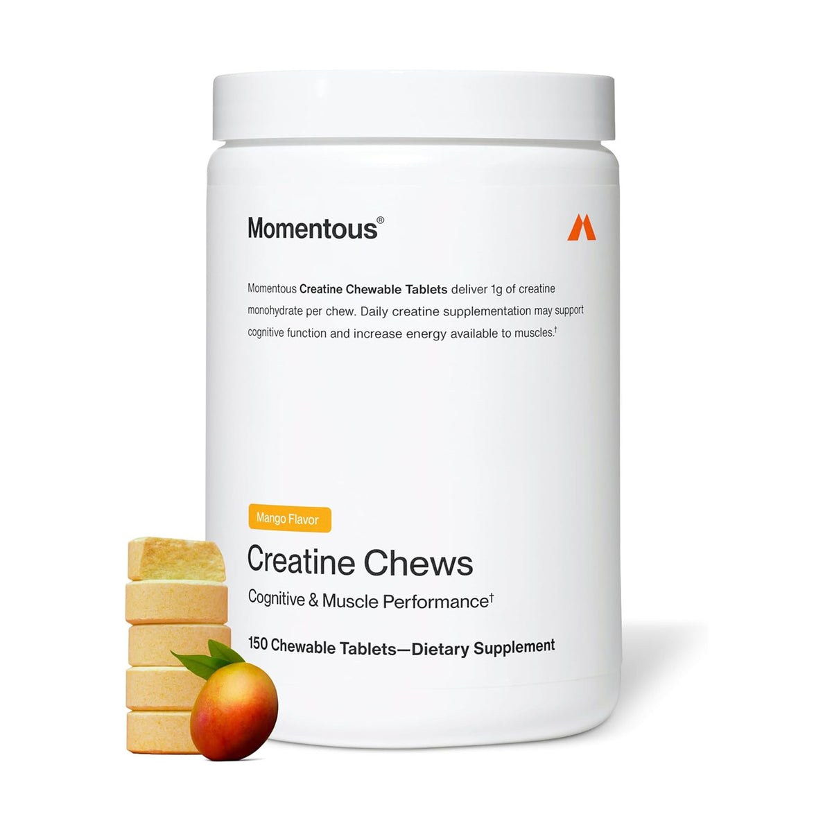 Momentous Creatine Chews mango flavored creatine supplement for muscle and cognitive performance