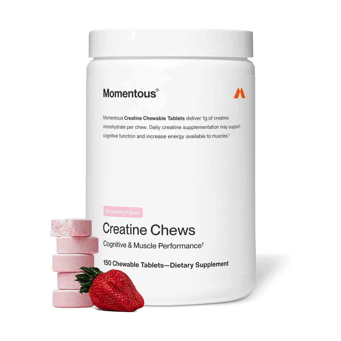 Momentous Creatine Chews strawberry flavored creatine supplement for muscle and cognitive performance
