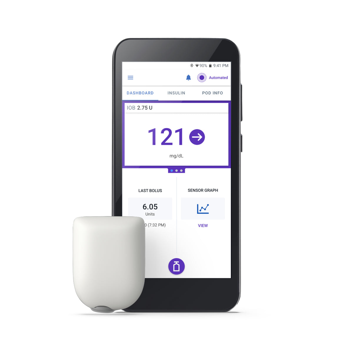 Omnipod 5 app on smartphone showing glucose monitoring and insulin control