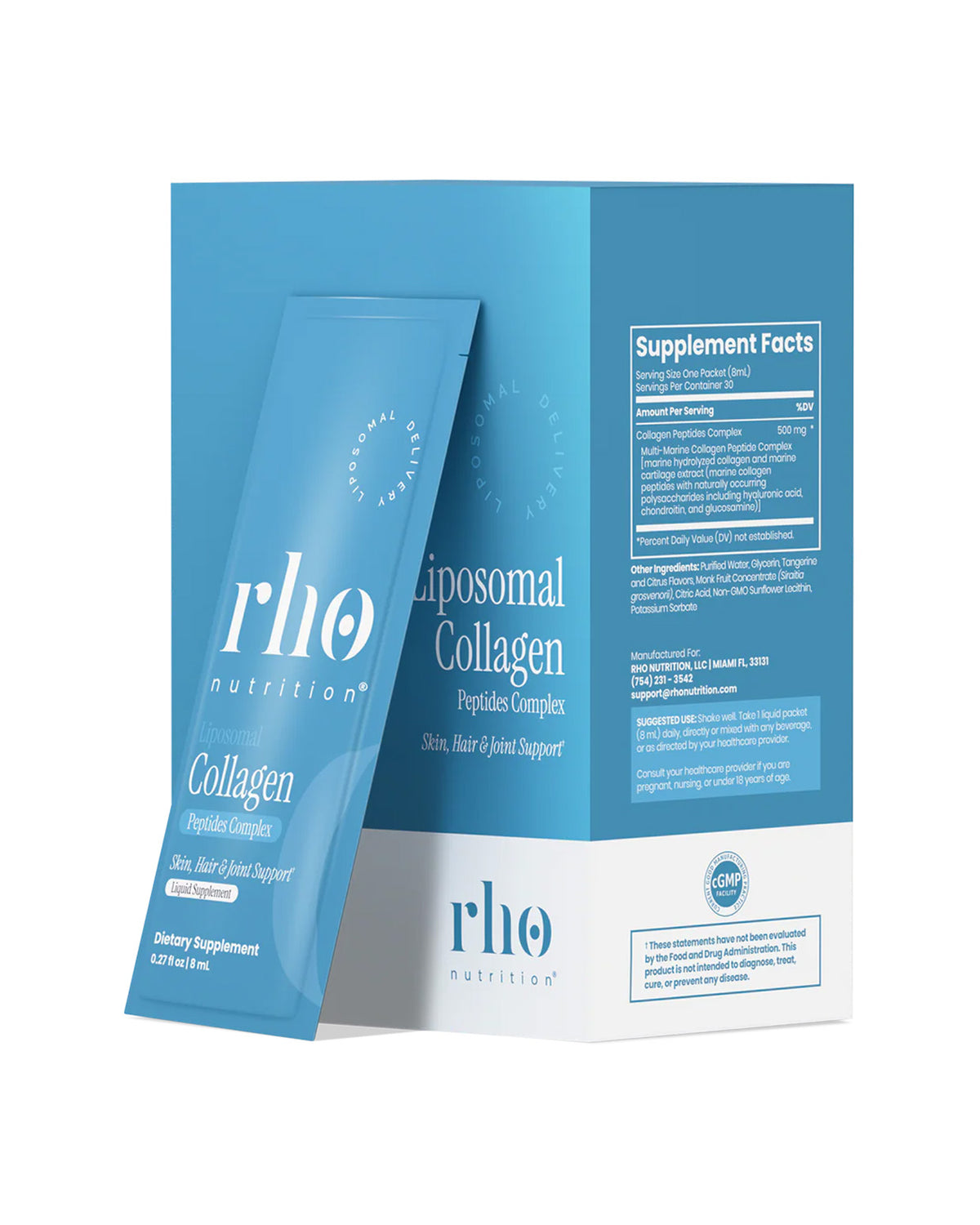 Rho Nutrition Liposomal Collagen Peptides travel packs box with 30 single-serving sachets