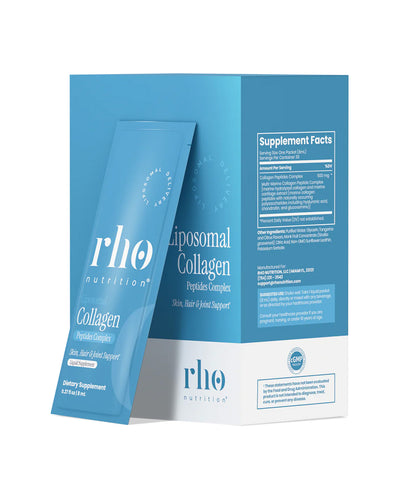 Rho Nutrition Liposomal Collagen Peptides travel packs box with 30 single-serving sachets