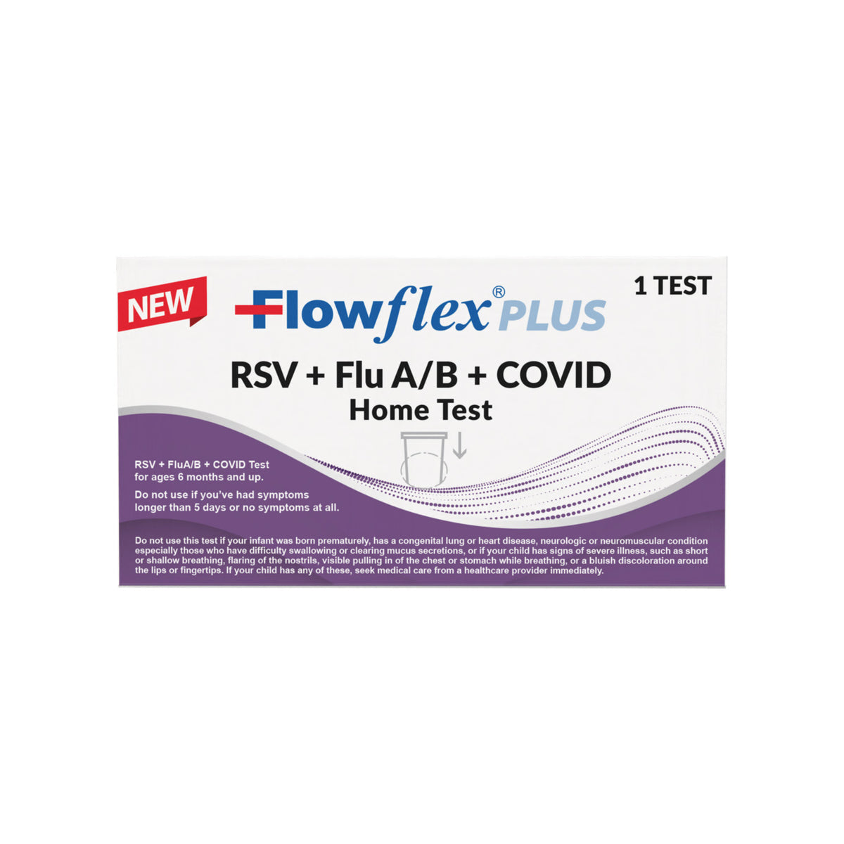 Flowflex PLUS 4-in-1 RSV + Flu A/B + COVID Home Test kit packaging close view
