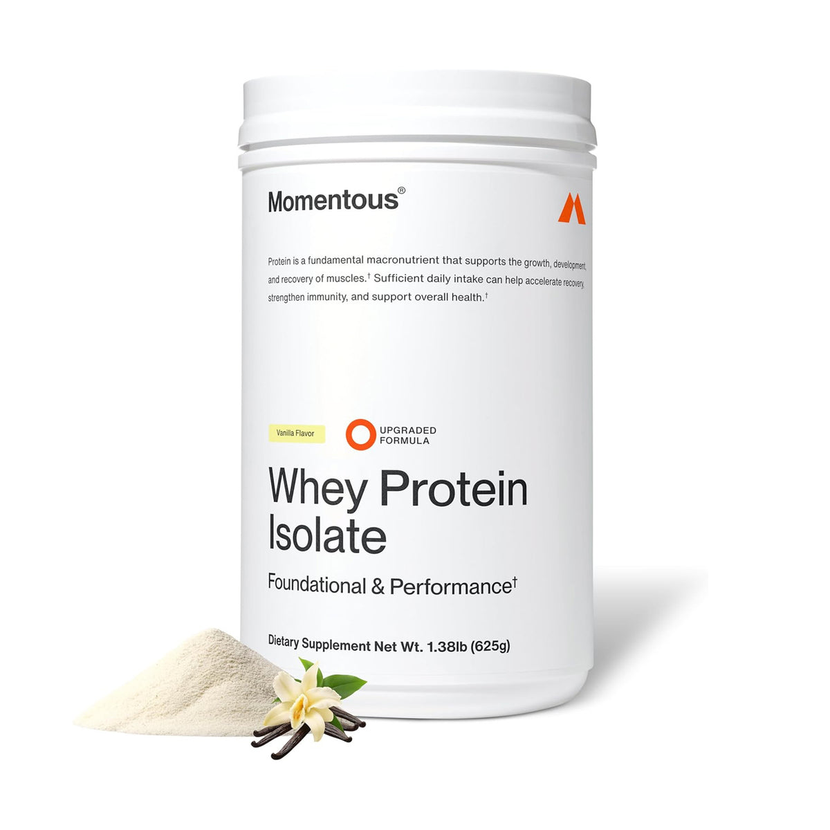 Momentous Whey Protein Isolate container with protein powder