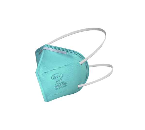 BYD N95 respirator mask side view showing ear loops and ergonomic fit